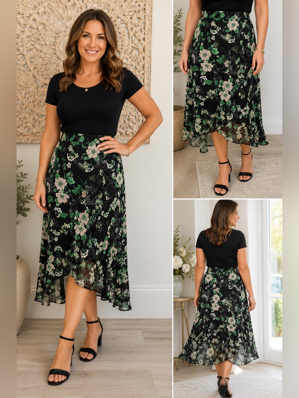Roz & Ali Black, Green, & White Floral Asymmetrical Midi Skirt- size L